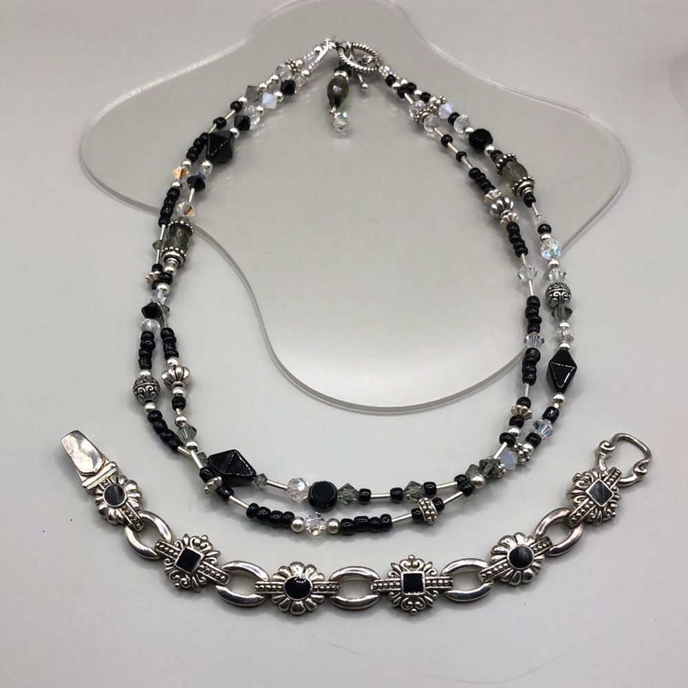 BUNDLE lot 2 crystal beaded necklace vintage bracelet jewelry set silver black.